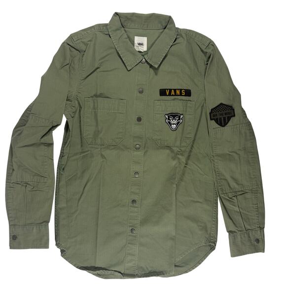 Vans Women’s S Army Green Snap Shirt Jacket Off The Wall Patches Long Sleeve - Picture 1 of 7